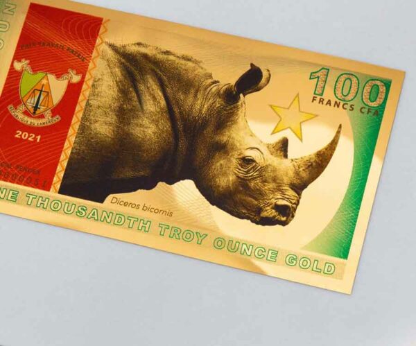 2021 Cameroon Aurum 1/1000 oz Black Rhinoceros 24K Gold Bank Note