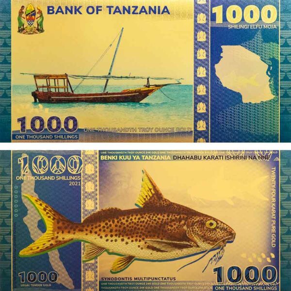 2021 Tanzania Aurum 1/1000 Ounce Lake Tanganyika Catfish 24K Gold Bank Note