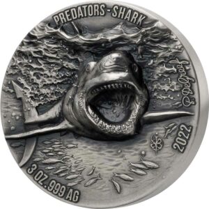 2022 Ivory Coast 3 Ounce Predators Great White Shark High Relief Silver Coin