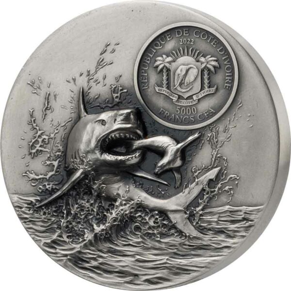 2022 Ivory Coast Predators Great White Shark 3 oz High Relief Silver Coin