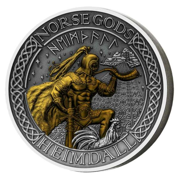 2022 Cook Islands 2 Ounce Norse Gods Heimdall High Relief Gold Plated Antique Finish Silver Coin
