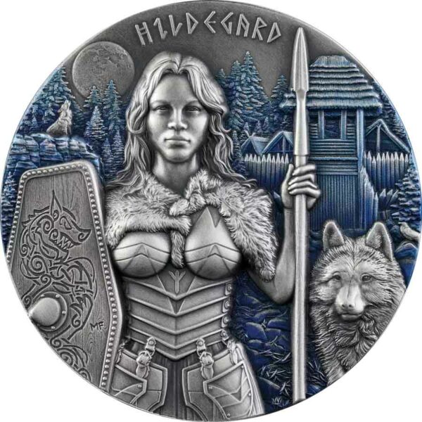 2022 Germania 2 Ounce Valkyries Hildegard 10 Marks High Relief Silver Round