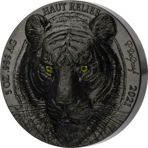 2022 Ivory Coast 5 Ounce Edition Noire Asian Big 5 Tiger High Relief Silver Coin