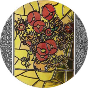 2022 Ghana 2 Ounce Van Gogh Sunflowers Stained Glass Art Silver Coin