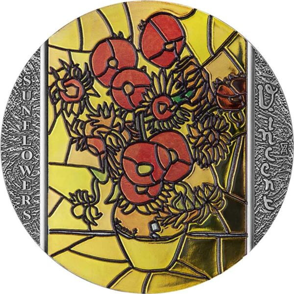 2022 Ghana 2 Ounce Van Gogh Sunflowers Stained Glass Art Silver Coin