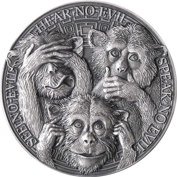 2022 Ghana 1 Ounce Three Wise Monkeys High Relief Antique Finish Silver Coin