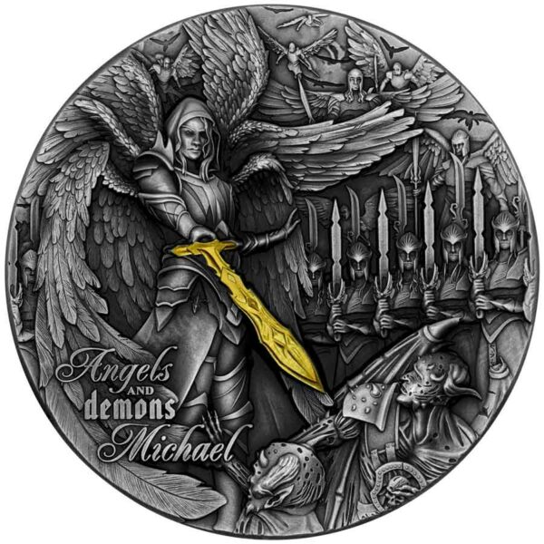 2022 Niue 2 Ounce Angels & Demons Michael High Relief Gilded Antique Finish Silver Coin