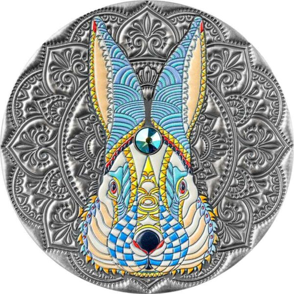 2023 Niue 2 Ounce Mandala Collection Rabbit Swarovski Crystal Colored Silver Coin