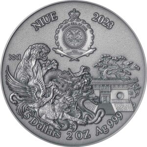 2023 Niue 2 oz Kung Fu Dragon Martial Arts High Relief Antique Finish Silver Coin