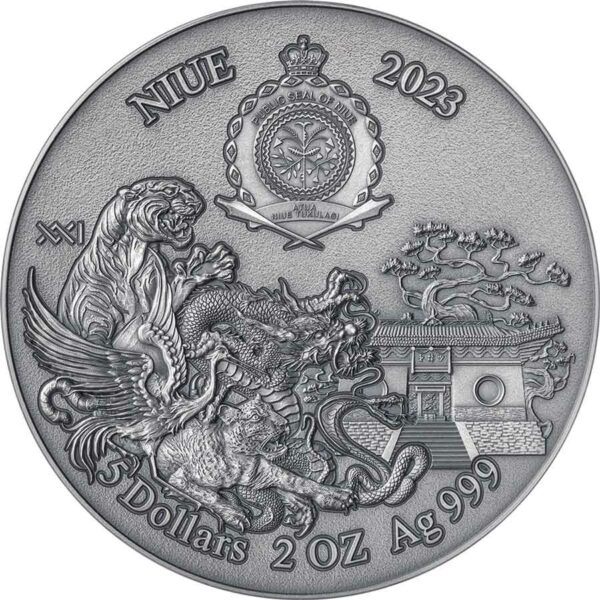 2023 Niue 2 oz Kung Fu Dragon Martial Arts High Relief Antique Finish Silver Coin
