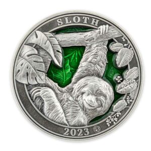 2023 Barbados 3 Ounce Colors of Wildlife Sloth Ultra High Relief Enamel Silver Coin