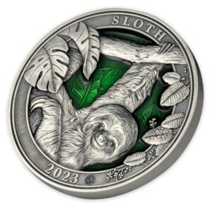 2023 Barbados 3 oz Colors of Wildlife Sloth Ultra High Relief Enamel Silver Coin