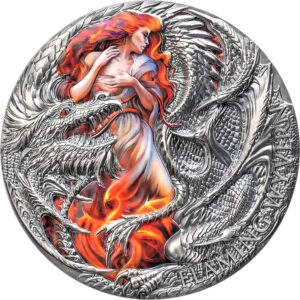2023 Cameroon 2 Ounce Flaming Wyvern Color Antique Finish Silver Coin
