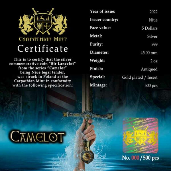 2022 Camelot Sir Lancelot 2 oz High Relief Gilded Antique Finish Silver Coin