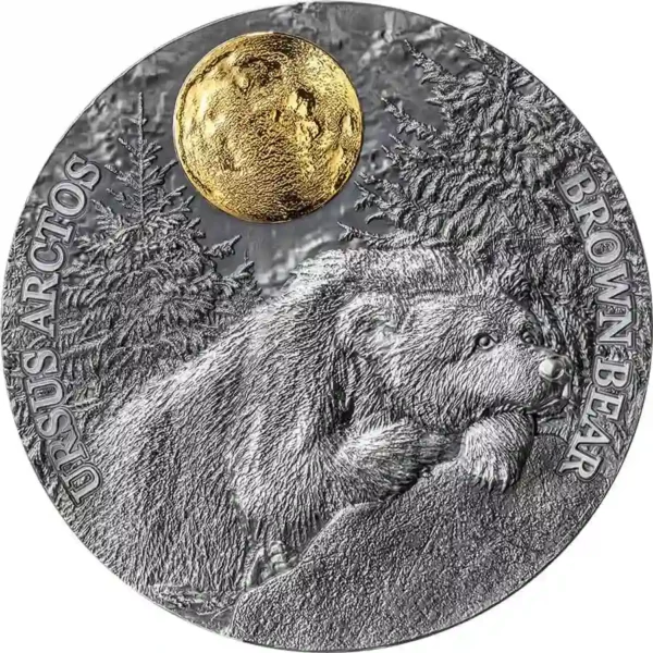 2023 Niue 2 Ounce Moonlight at Night Brown Bear High Relief Gilded Silver Coin