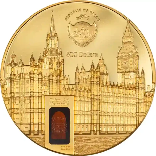 2023 Palau 5 oz Tiffany Art Metropolis Westminster Palace Gold Proof Coin