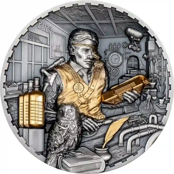 2023 Cook Islands 3 Ounce Steampunk Science Lab High Relief Gilded Silver Coin