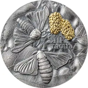 2023 Ghana 2 Ounce Silk Moth High Relief Gilded Antique Finish Silver Coin