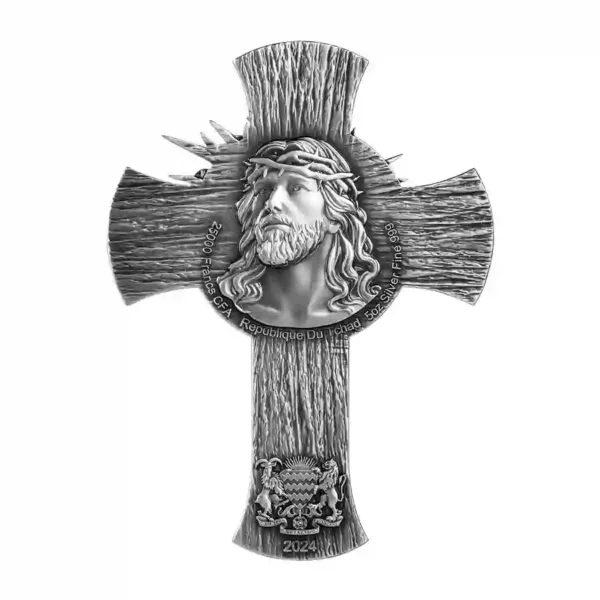 2024 Chad 5 oz Jesus Cross High Relief Antique Finish Silver Coin