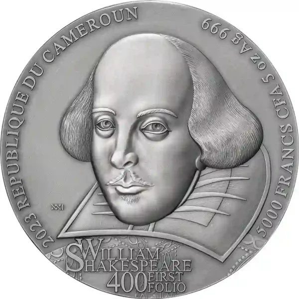 2023 Cameroon 5 oz William Shakespeare First Folio High Relief Silver Coin