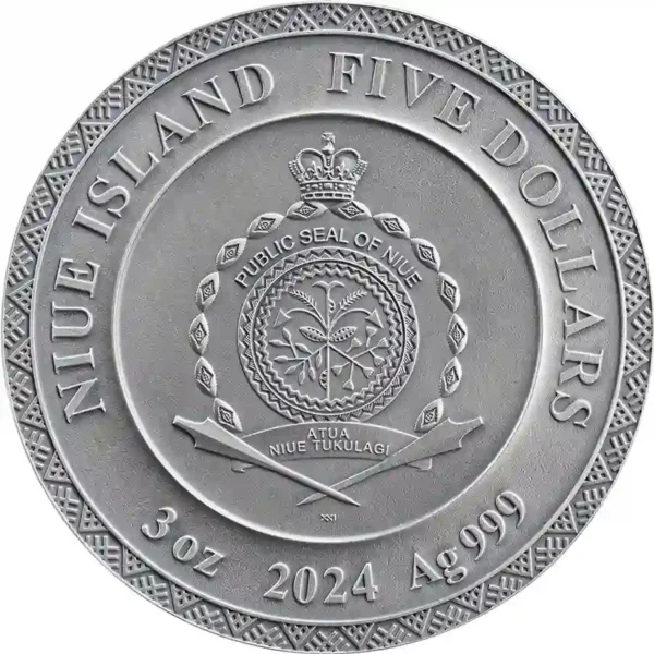 2024 Niue 3 oz Dahzbog Divine Faces of the Sun Antique Finish Silver Coin
