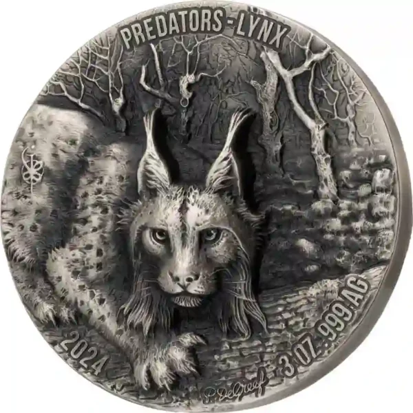 2024 Ivory Coast 3 Ounce Predators Lynx Ultra High Relief Silver Coin