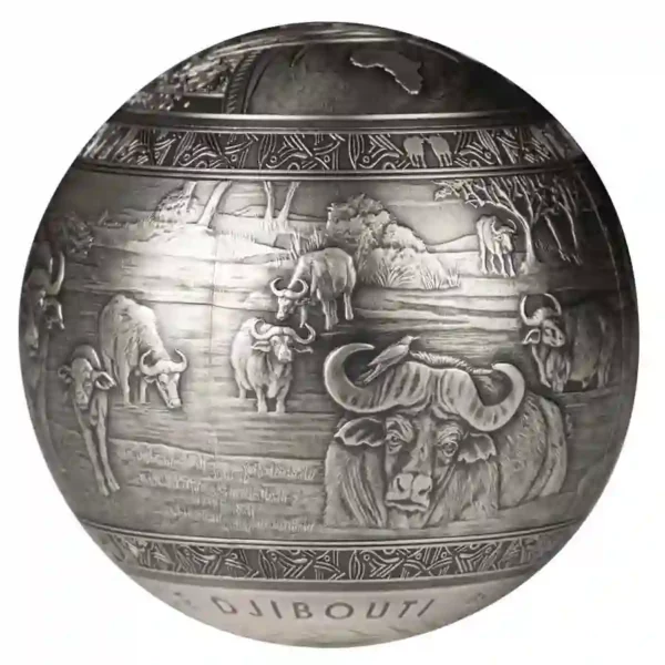 2024 Djibouti 1 Kg Big 5 Buffalo Spherical Antique Finish Silver Coin