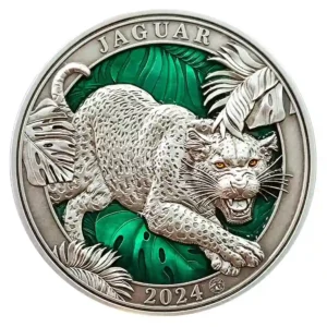2024 Barbados 3 Ounce Colors of Wildlife Jaguar Ultra High Relief Enamel Silver Coin